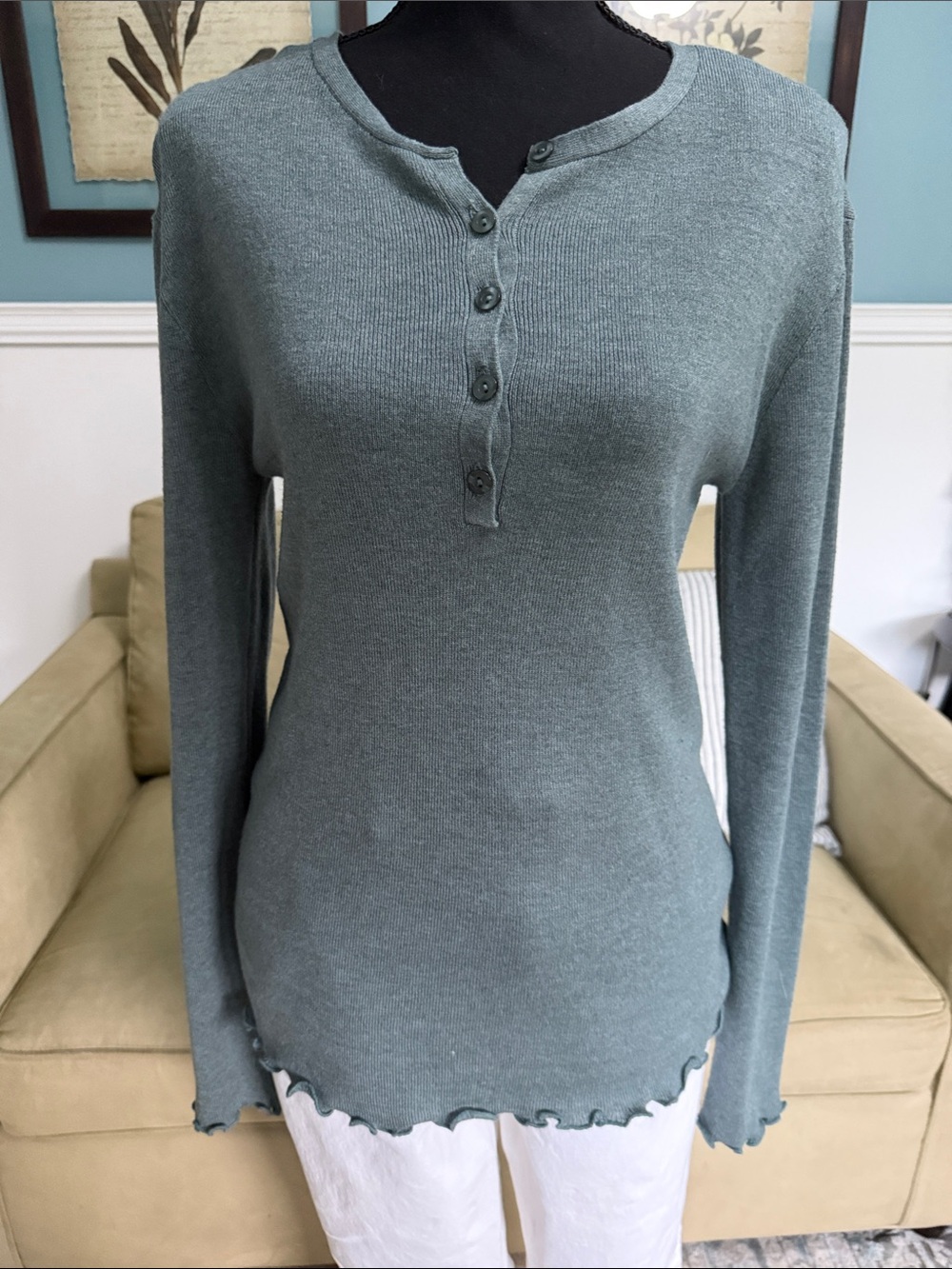 Kori Sage Green Long-Sleeve Henley Knit Top